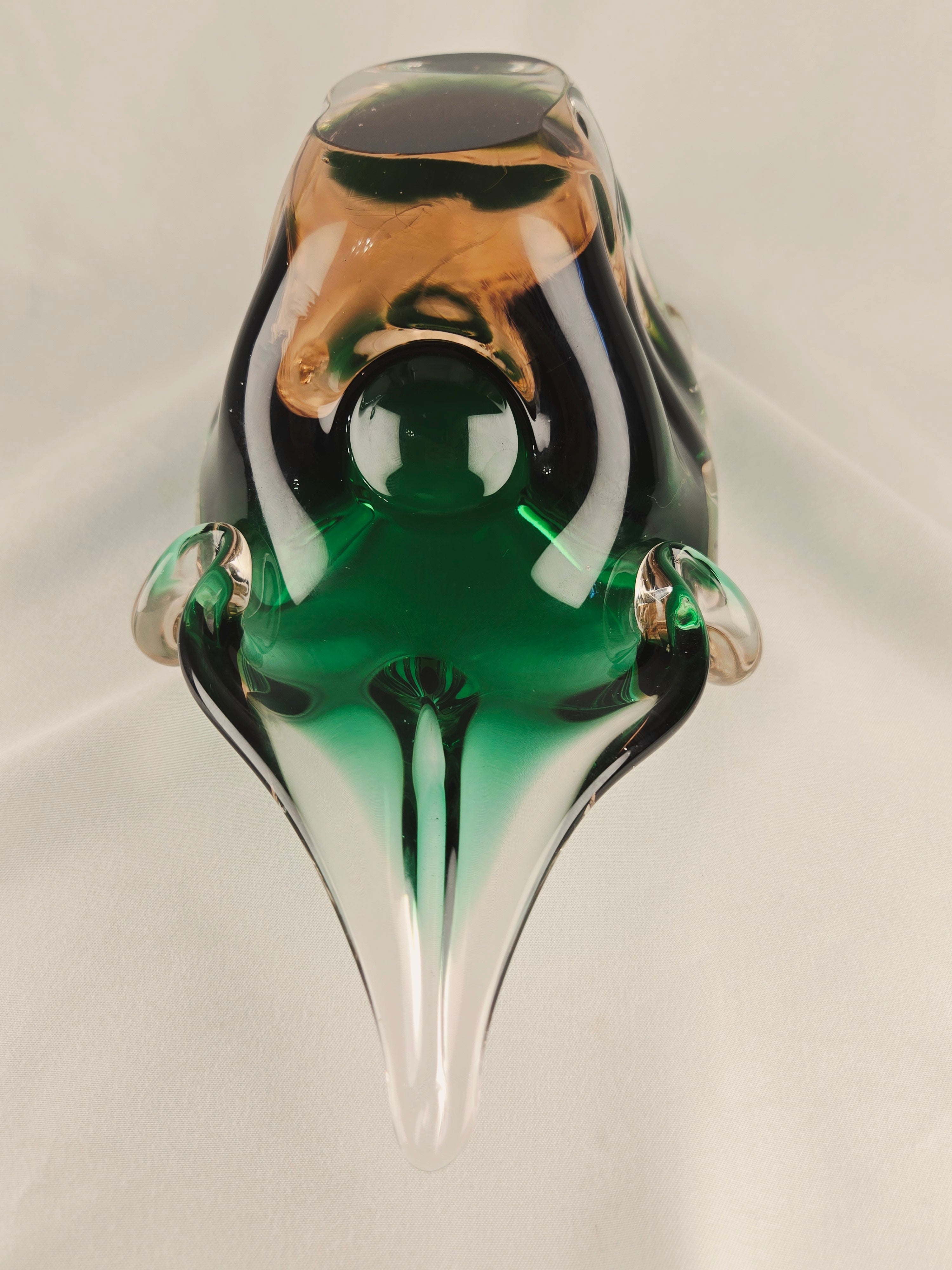 Large Sculptural Sommerso Art Glass Bowl – Emerald Green & Blush 12” Centerpiece