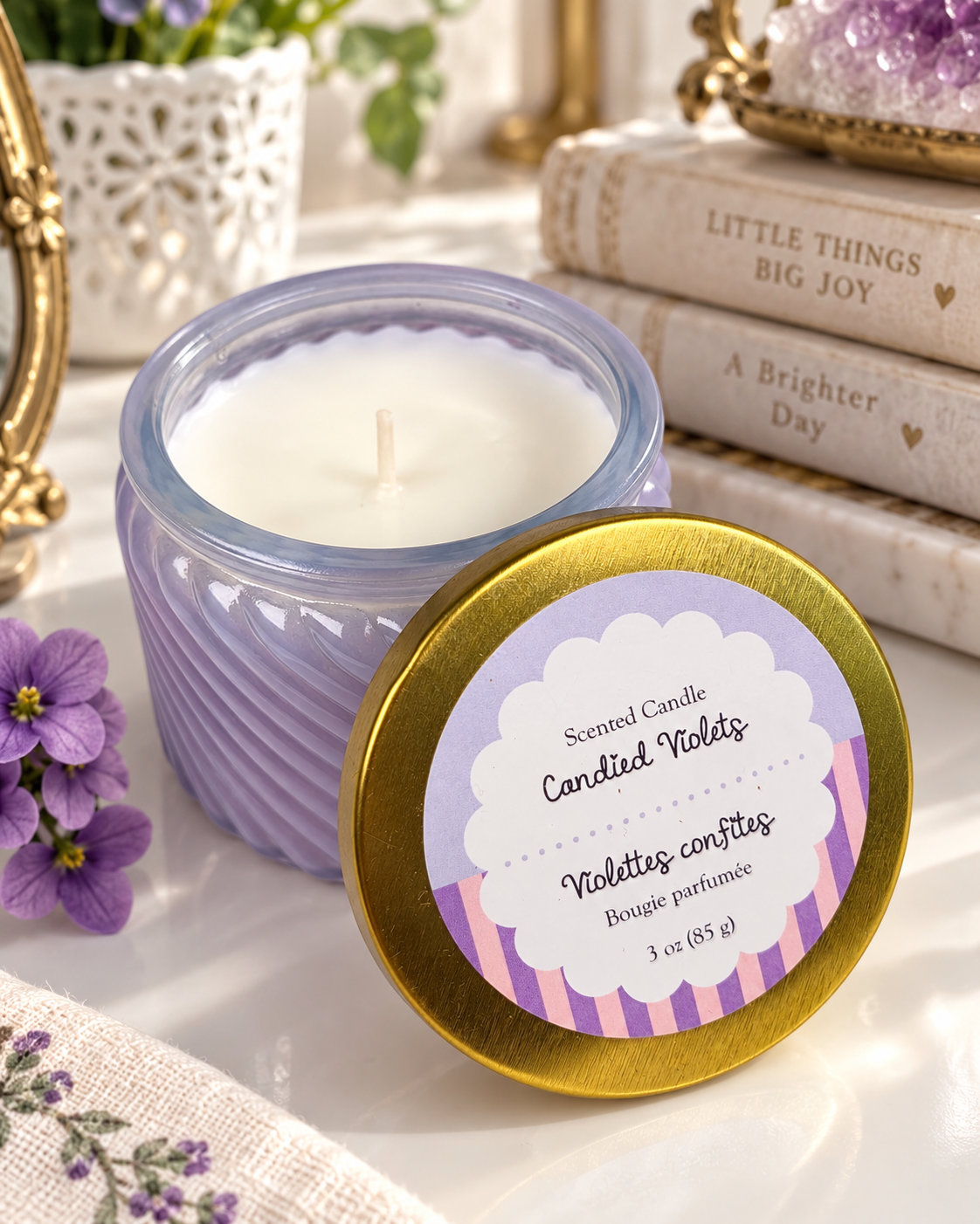 Candied Violets Scented Candle 3 oz Purple Glass Jar Floral Violet Fragrance