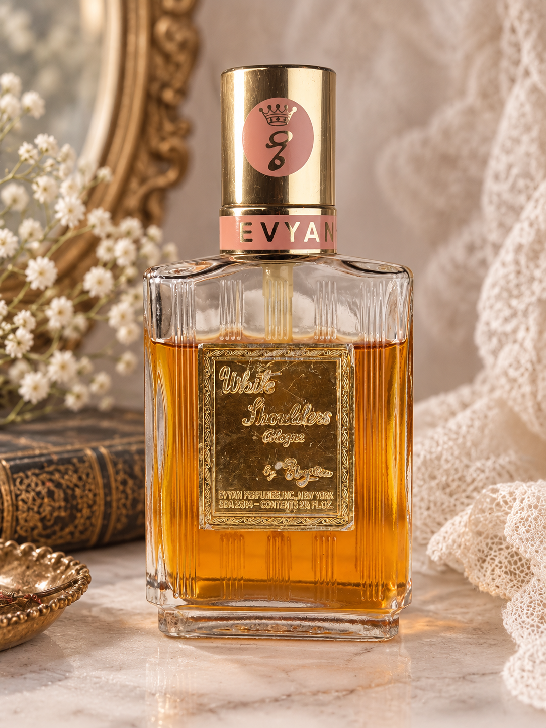 Vintage Evyan White Shoulders Cologne 2.5 oz Gold Plaque Bottle