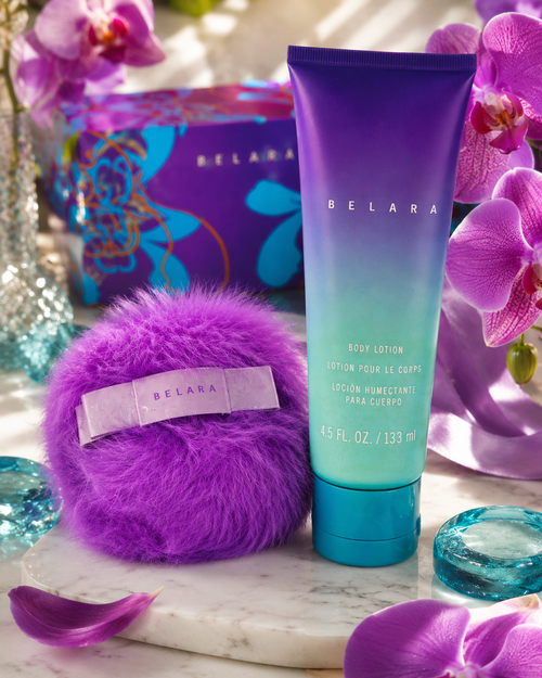 Belara Body Lotion Gift Set with Plush Body Puff | Vintage Bath & Body Collection | Colorful Spa Gift Set