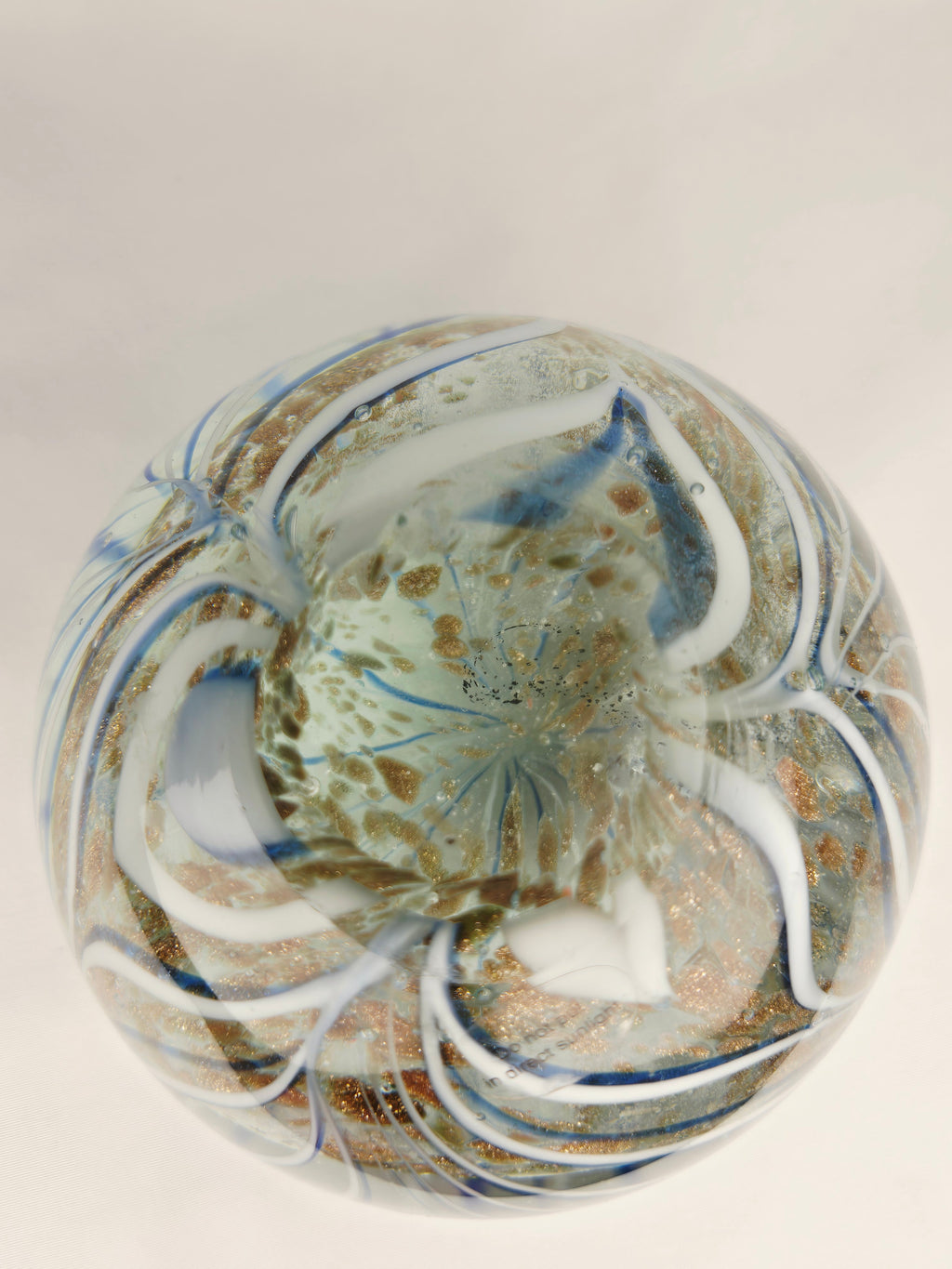 Handblown Art Glass Orb Paperweight — Blue Ribbon Swirl with Gold Fleck Interior