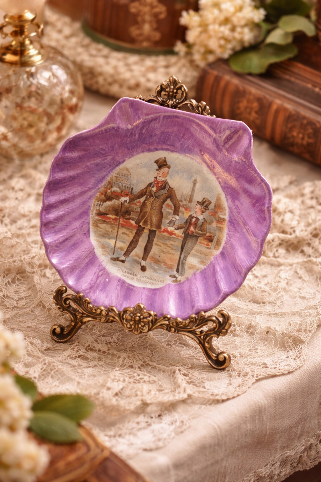Lancaster & Sandland England Vintage Lusterware Dish – Dickens “Micawber Introduces David to London” Purple Collector Piece
