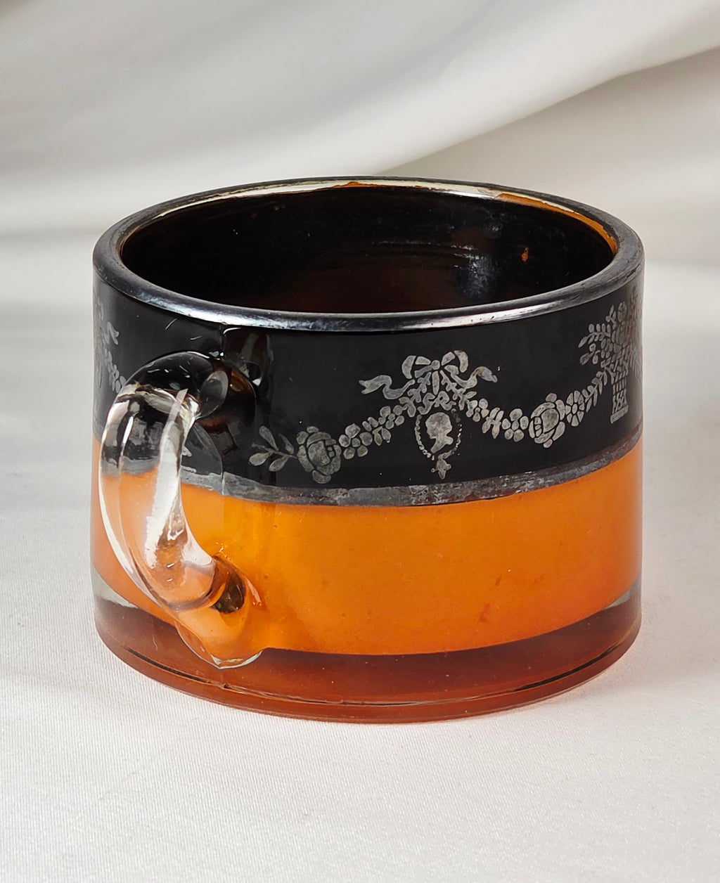 Vintage Orange Black Glass Creamer & Sugar Bowl Set Silver-Tone Floral Overlay