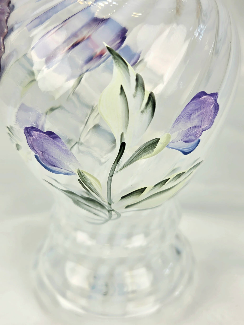Fenton Hand Blown Hand Painted Lavender Floral Art Glass Pitcher Vase USA Signed Vintage