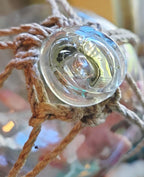 Vintage Clear Glass Fishing Float with Intricate Rope Netting – 7" Coastal Buoy with Internal "Sea-Mist" Patina Hand Blown