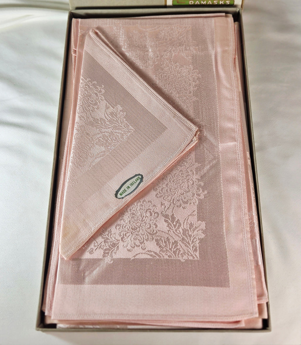 Vintage Liddell’s Irish Floral Damask Pink Egyptian Cotton & Acetate Tablecloth & Napkin Set - Made in Ireland NOS Rare