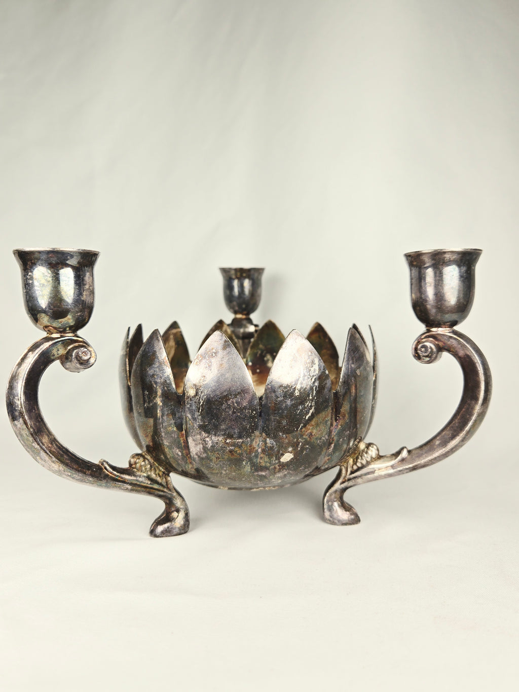 Leonard Silver Plate Lotus Candle Holder Centerpiece | Vintage Triple Arm Candelabra Bowl