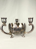 Leonard Silver Plate Lotus Candle Holder Centerpiece | Vintage Triple Arm Candelabra Bowl