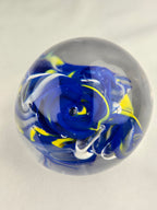 Glass Art Paperweight Orb Blue Yellow Swirl Clear Handblown Style 3.5 Inch Display Piece