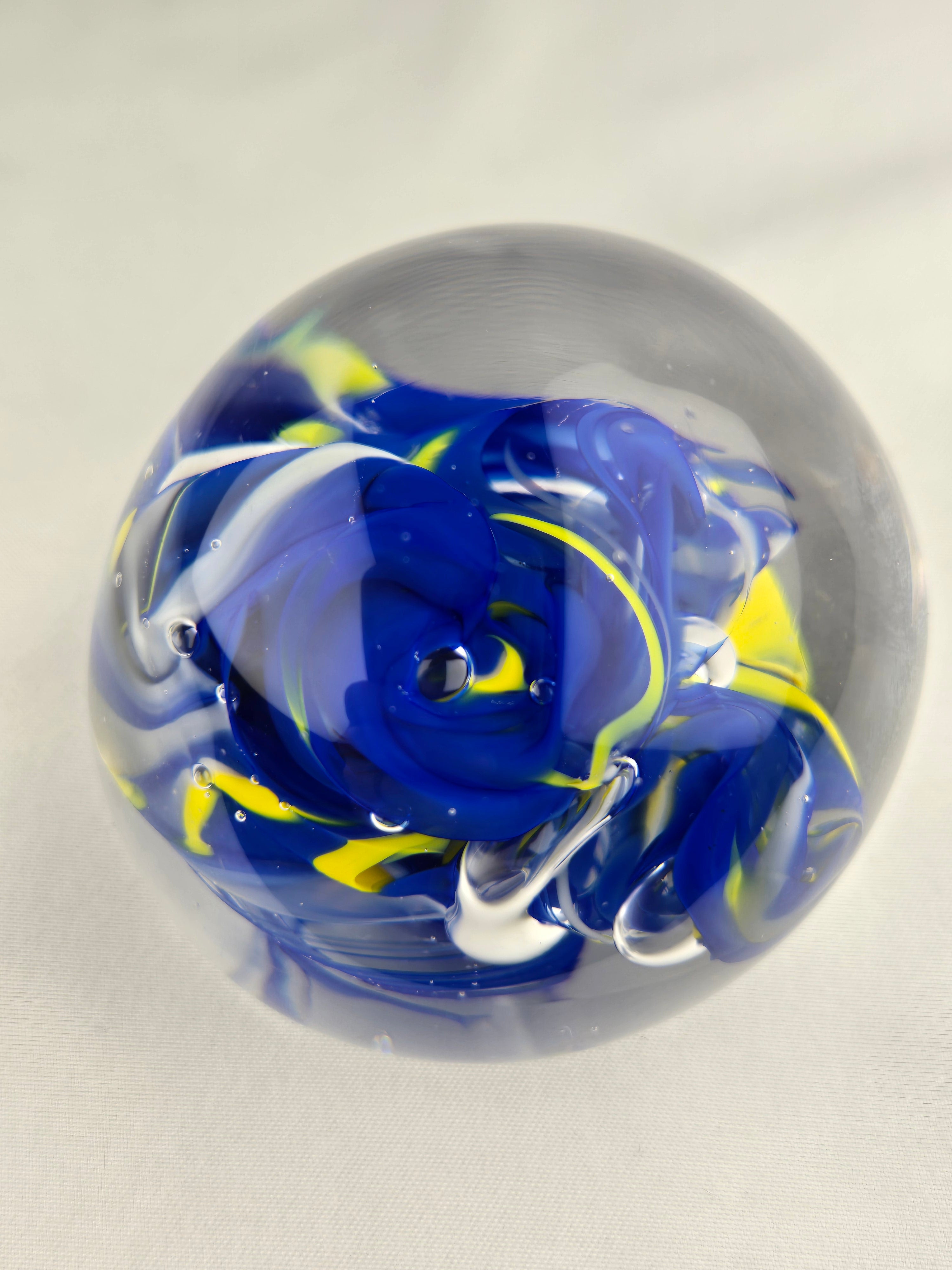 Glass Art Paperweight Orb Blue Yellow Swirl Clear Handblown Style 3.5 Inch Display Piece