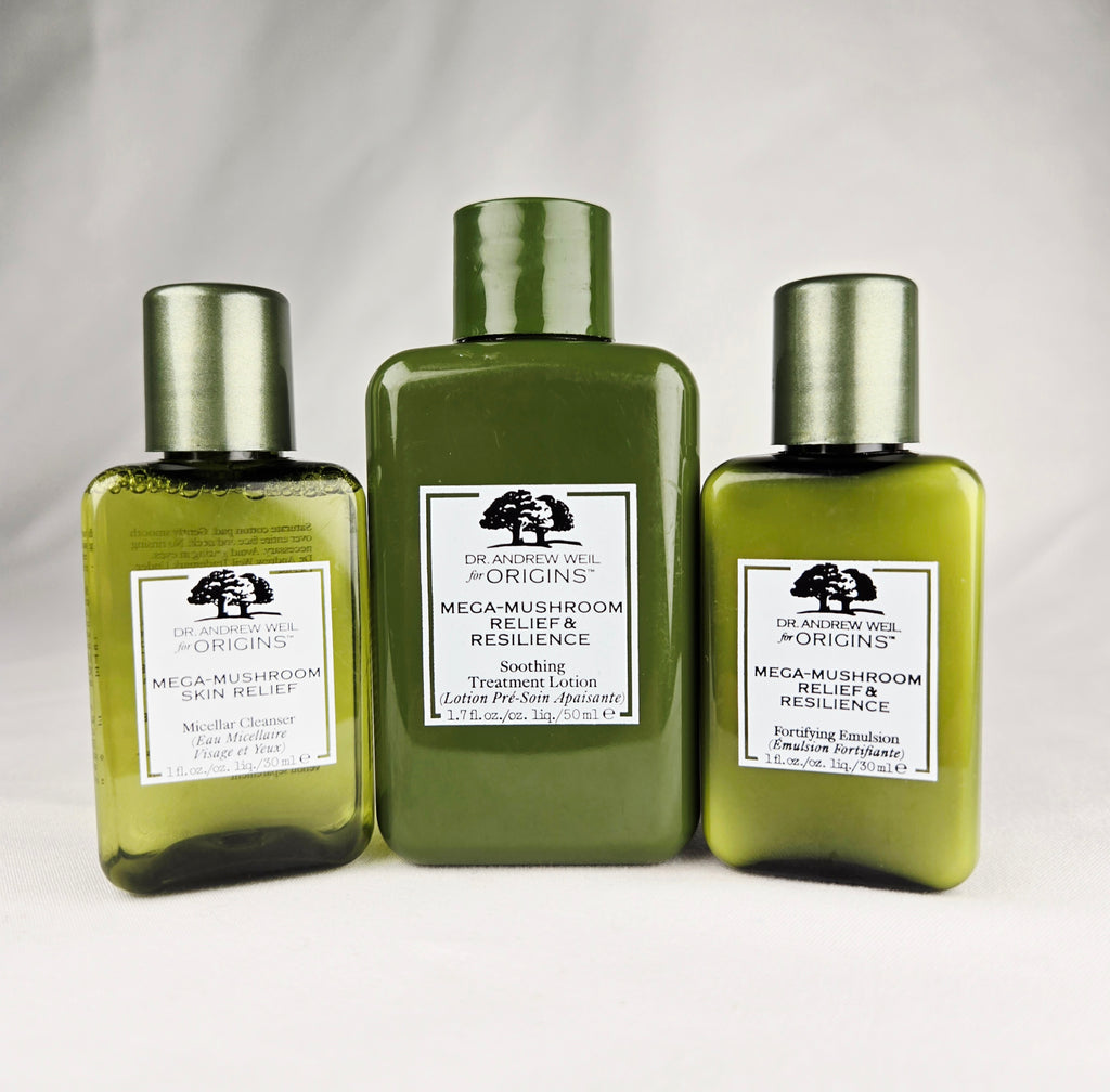 Origins Mega-Mushroom Relief & Resilience Skincare Trio Set – Dr. Andrew Weil Collection (Micellar Cleanser, Treatment Lotion, Fortifying Emulsion)