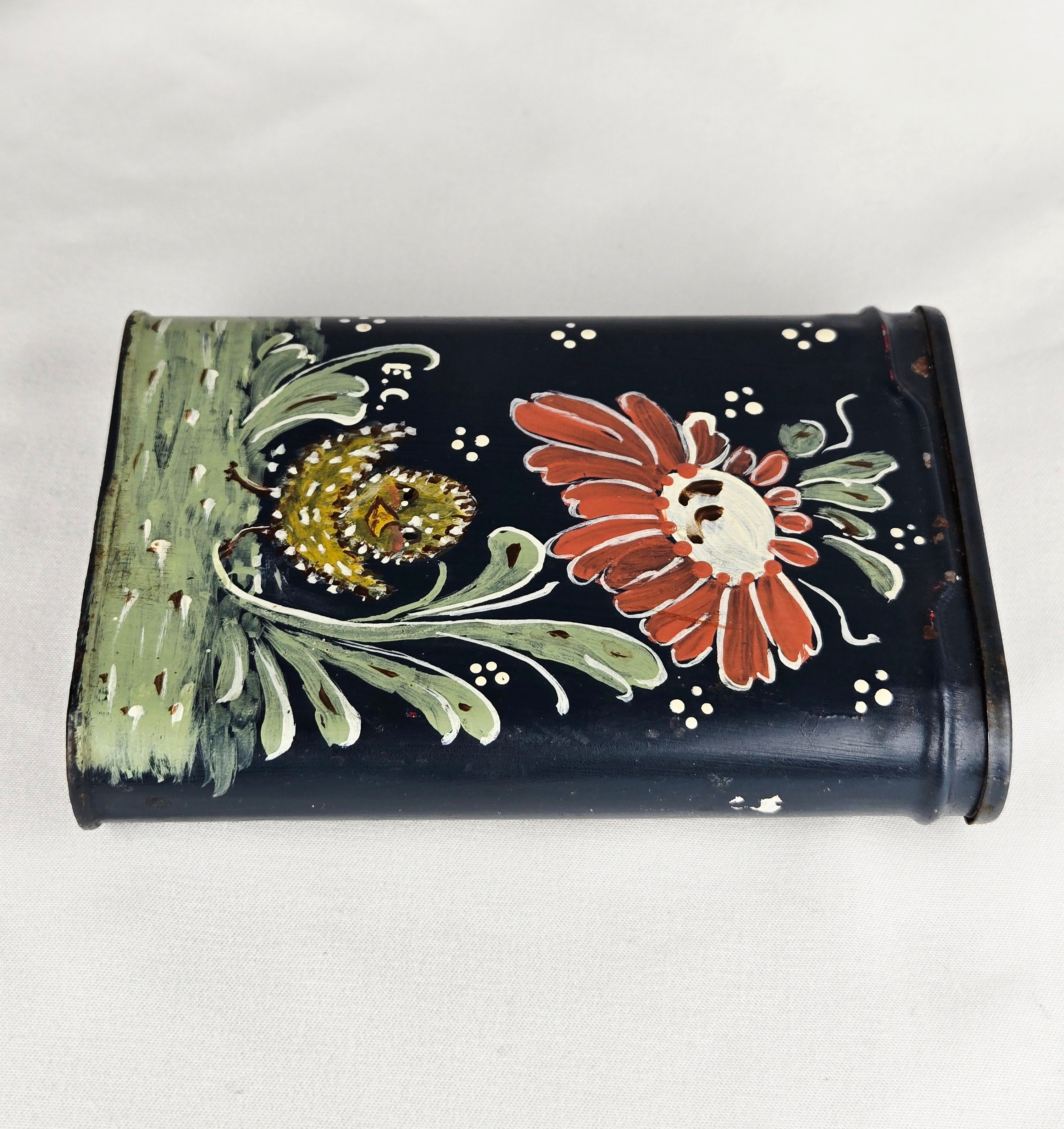 Prince Albert Vintage Tobacco Tin — Signed E.C. Hand-Painted Folk Art Hearth Decor