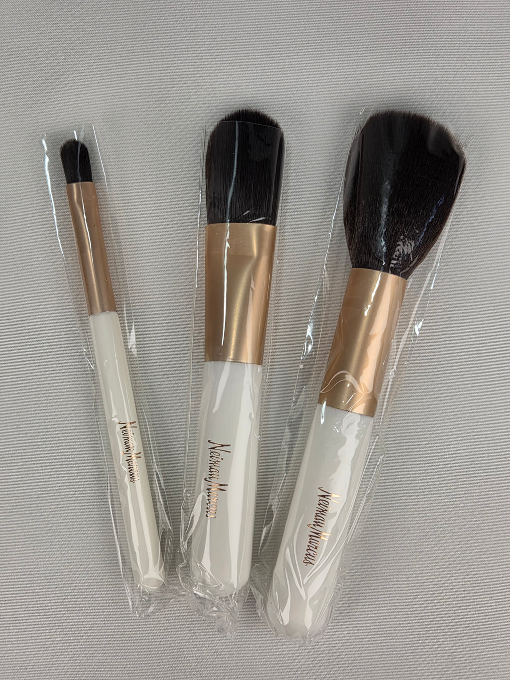 Neiman Marcus 3-Piece Makeup Brush Set with Rose Gold Travel Case – White & Metallic Cosmetic Brushes