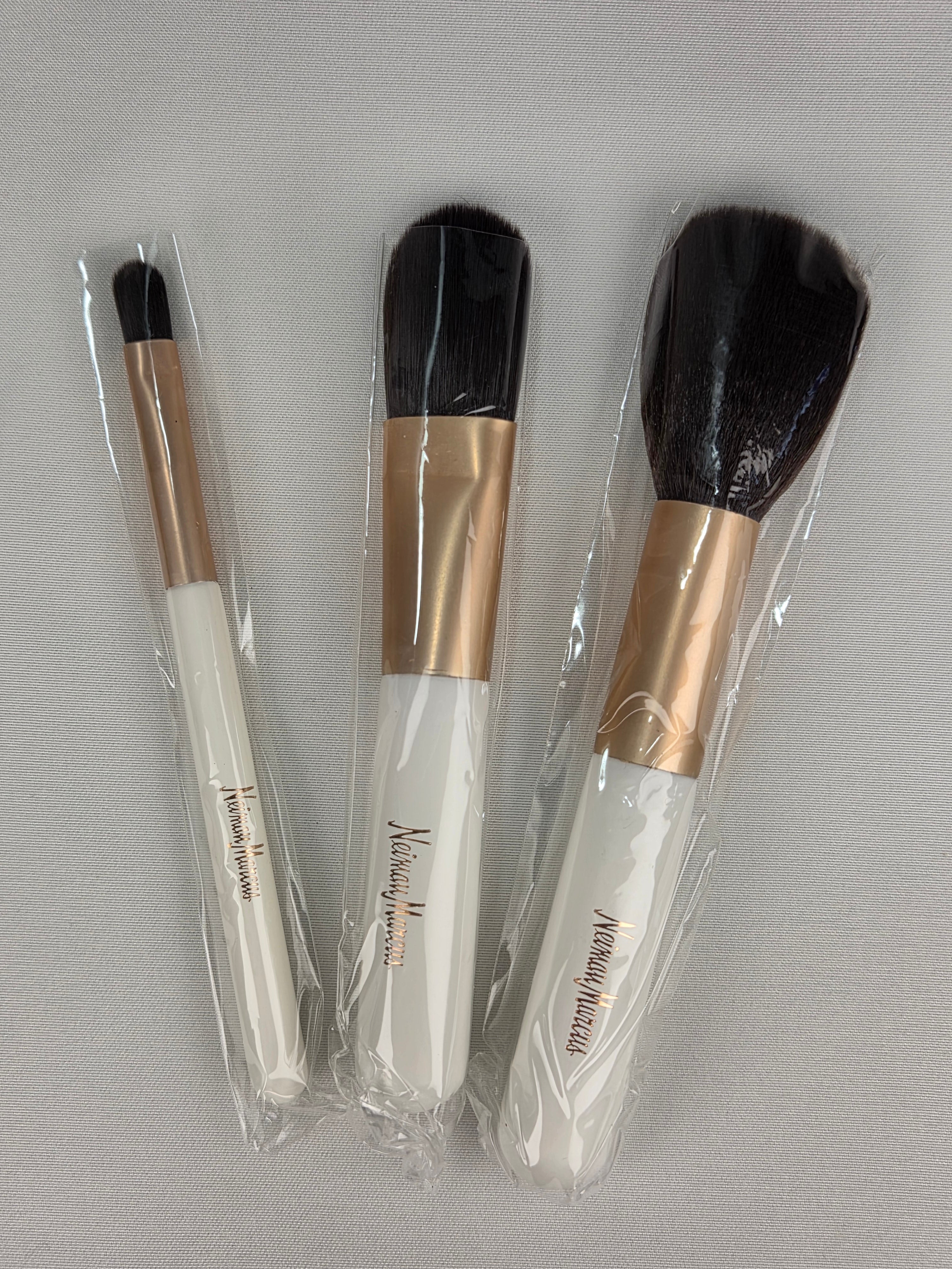 Neiman Marcus 3-Piece Makeup Brush Set with Rose Gold Travel Case – White & Metallic Cosmetic Brushes