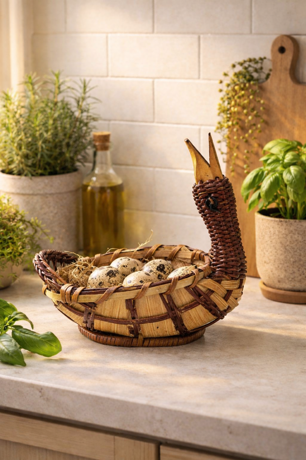 Wicker basket shaped like a duck farmhouse home decor cottagecore kitchen storage
