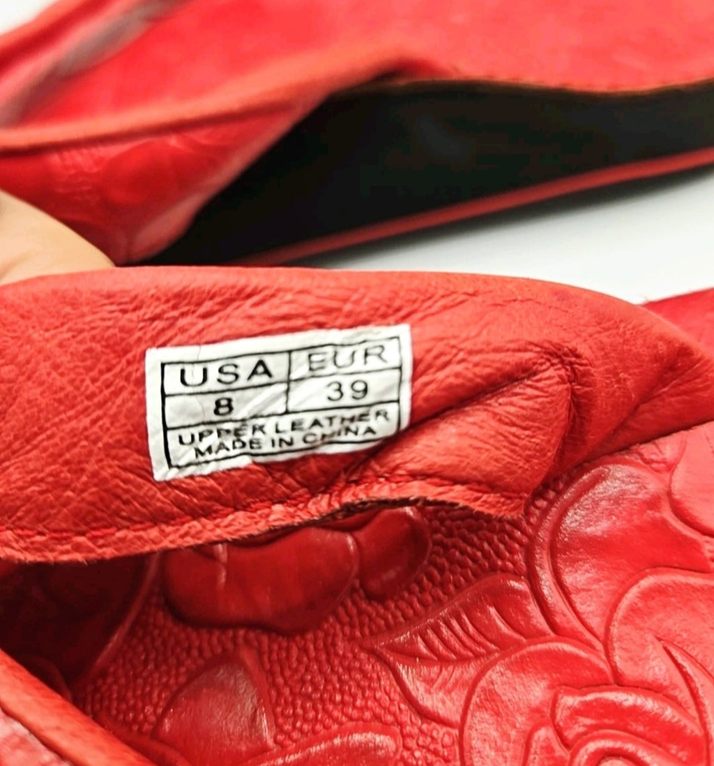 Moszkito Red Leather Floral Embossed Wedge Flip Flop Sandals Women’s 8 EU 39
