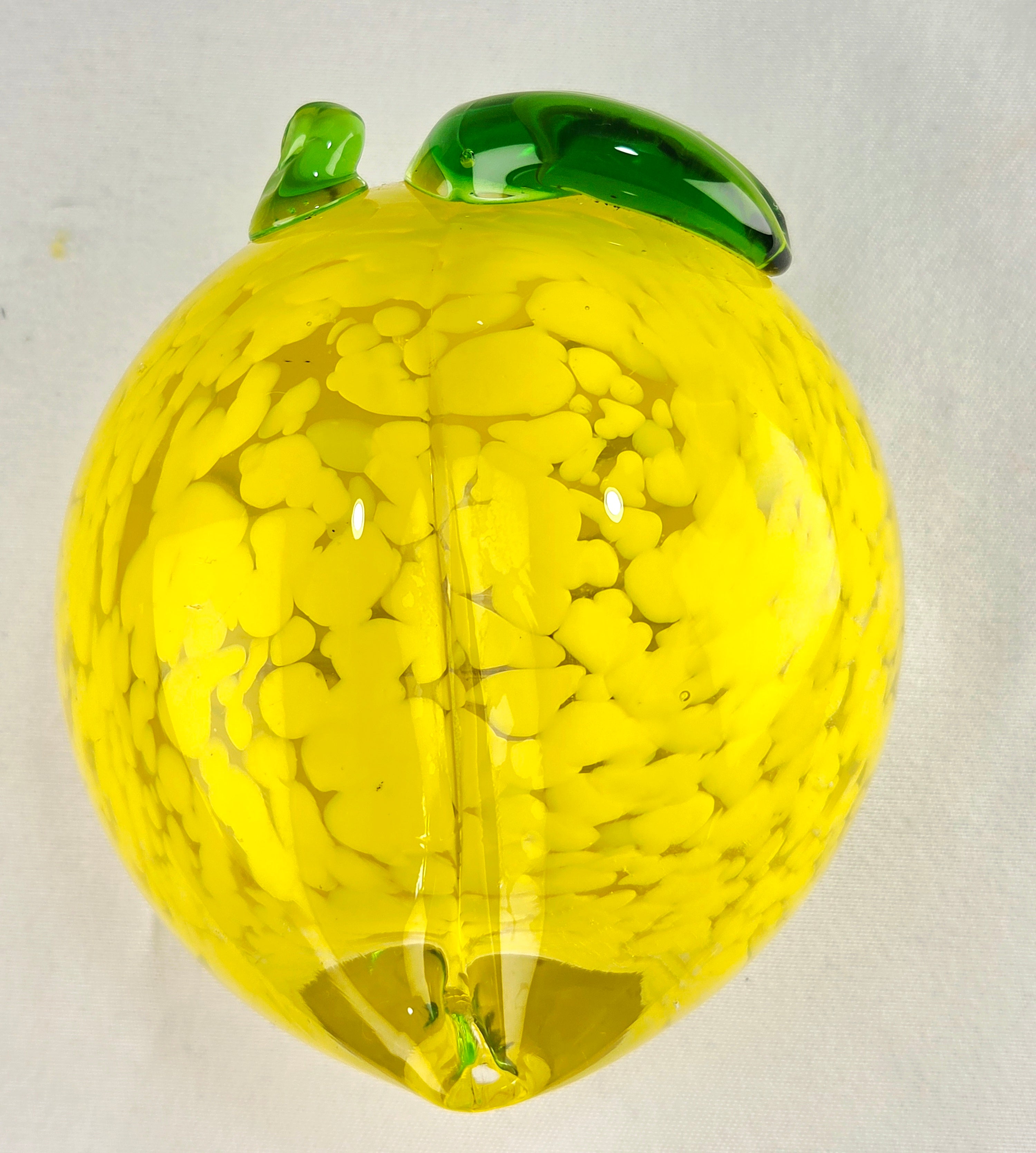 Vintage Hand Blown Art Glass Lemon Paperweight Yellow Green Decorative Fruit Figurine