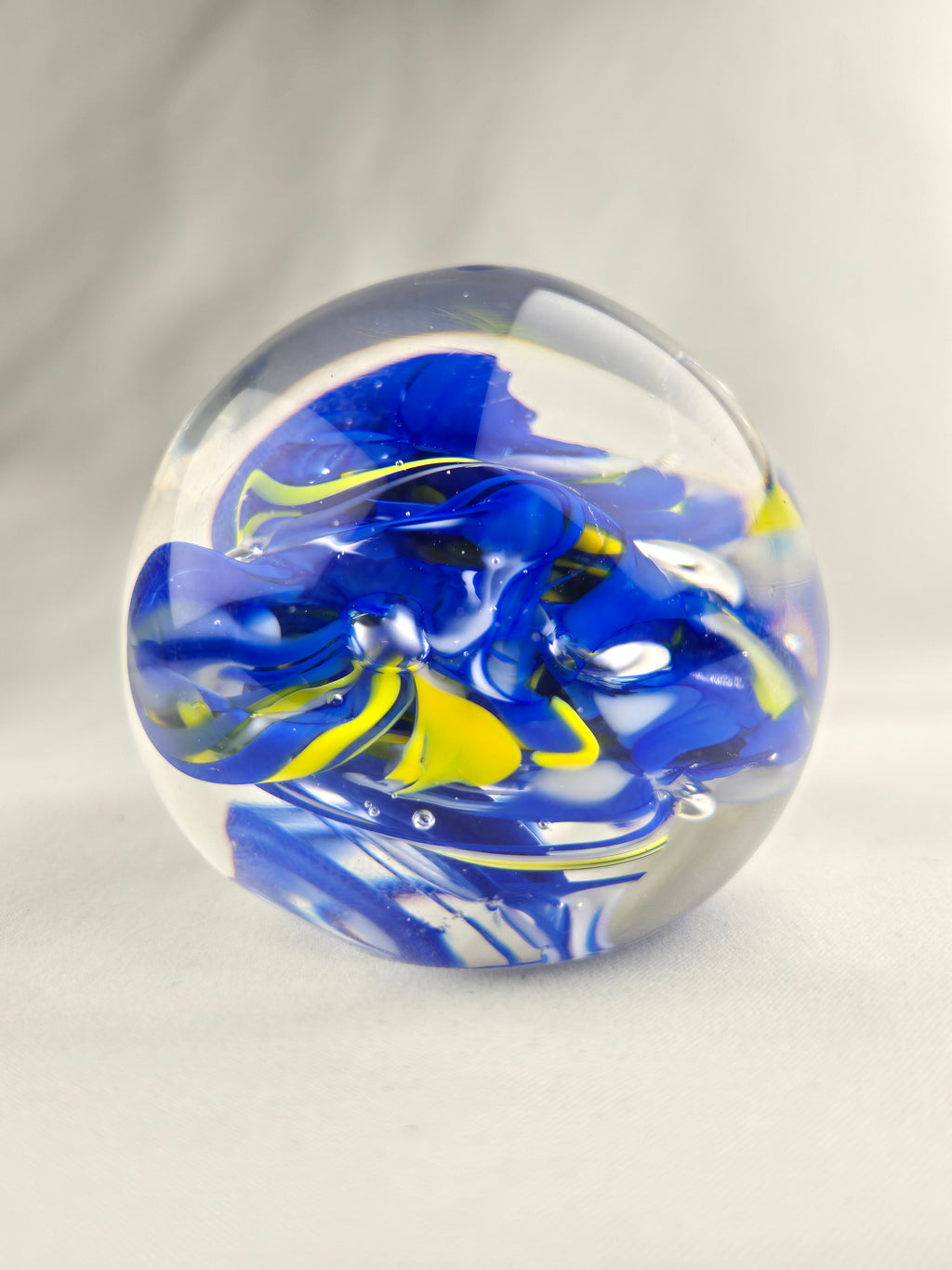 Glass Art Paperweight Orb Blue Yellow Swirl Clear Handblown Style 3.5 Inch Display Piece