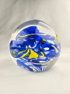 Glass Art Paperweight Orb Blue Yellow Swirl Clear Handblown Style 3.5 Inch Display Piece