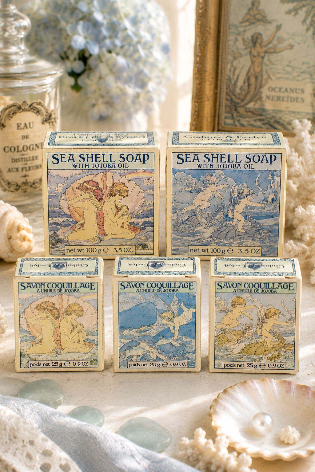 Vintage Crabtree & Evelyn Sea Shell Soap Collection | Jojoba Oil Guest Soaps & Bath Bars | 5 Piece Coastal Bath Set