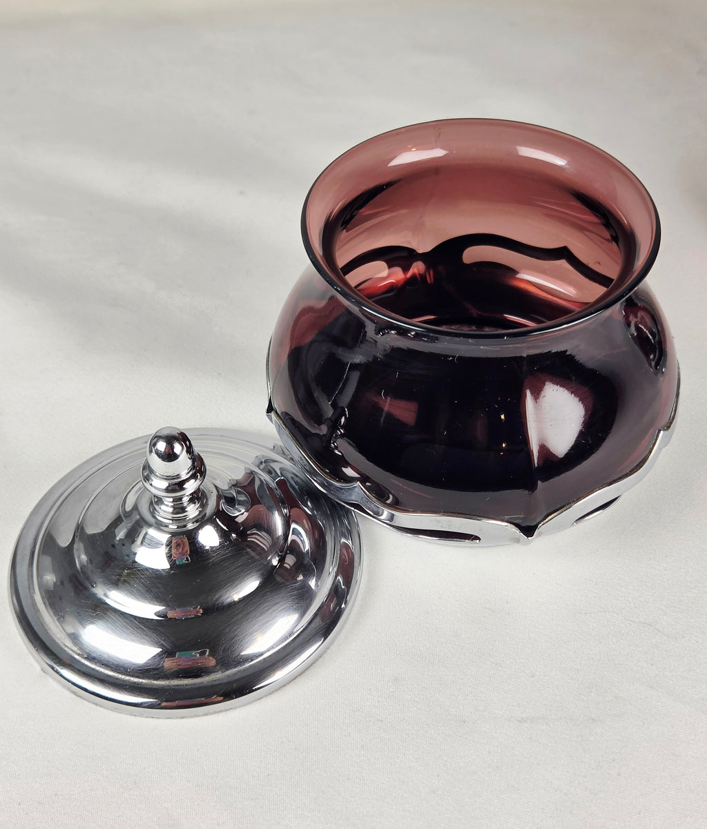 Vintage Farber Bros Krome-Kraft Amethyst Glass Creamer Sugar Bowl & Chrome Tray