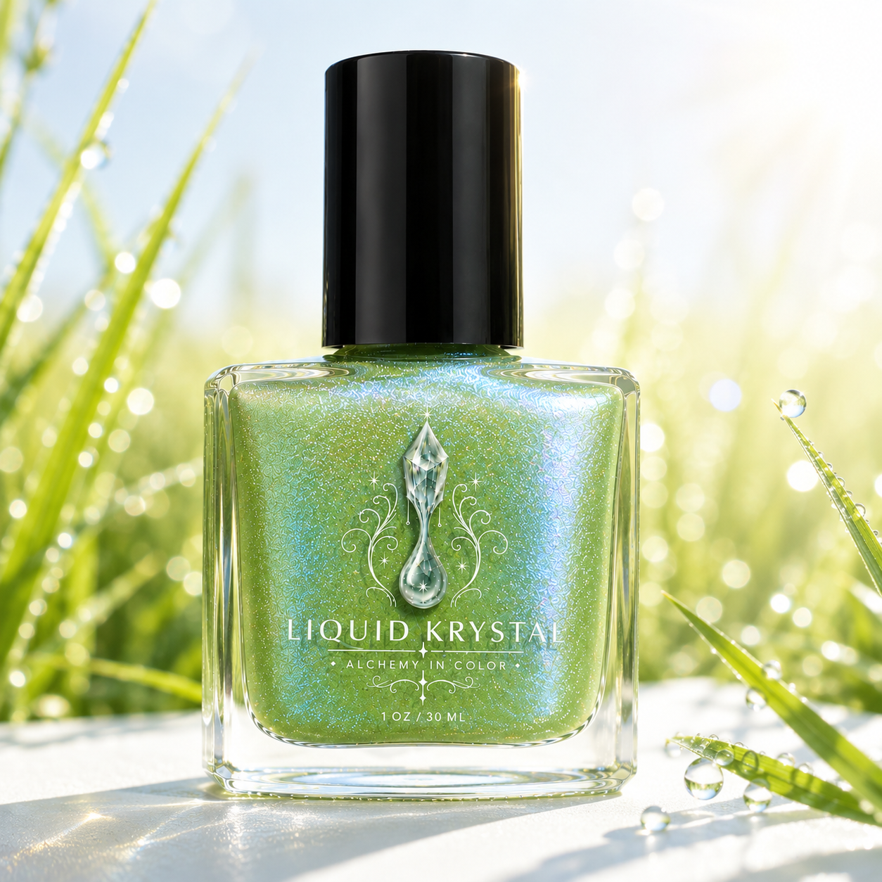 Dewdrop Meadows | Dewy Grass Green Nail Polish | Blue Aurora Shimmer | Indie Lacquer | Liquid Krystal Co.