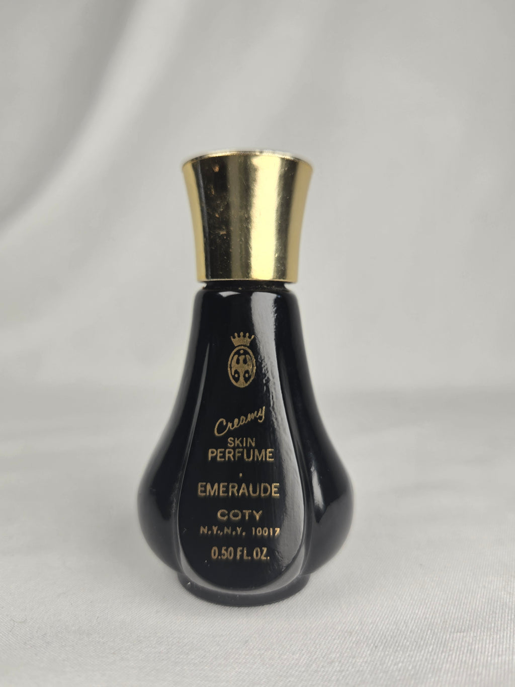 Vintage Coty Emeraude Creamy Skin Perfume 0.50 oz Black Bottle Gold Cap Classic Fragrance