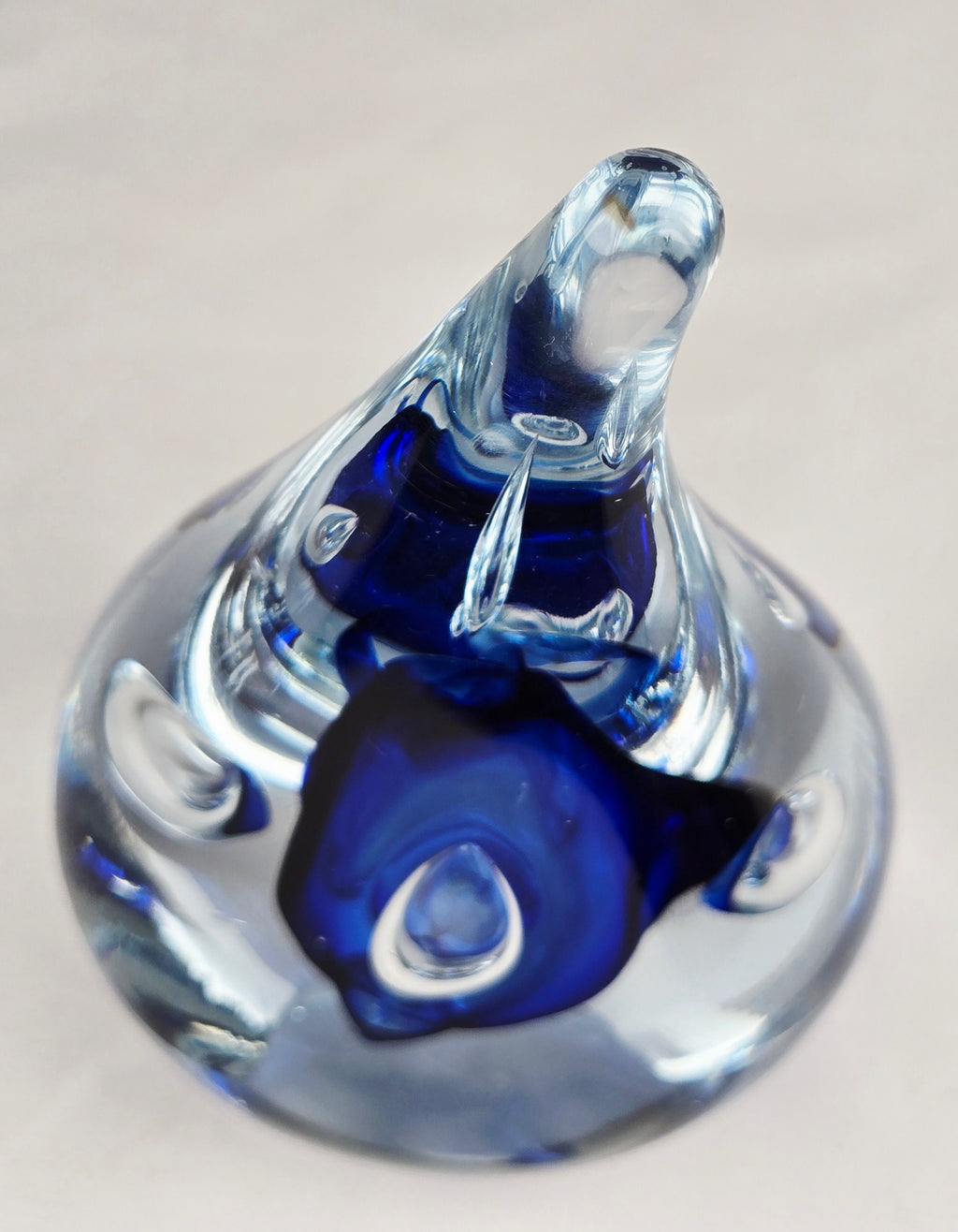 Signed AJ Blue Art Glass Teardrop Paperweight — Cobalt Core Handblown Studio Glass Sculpture -6.5"
