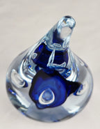 Signed AJ Blue Art Glass Teardrop Paperweight — Cobalt Core Handblown Studio Glass Sculpture -6.5"