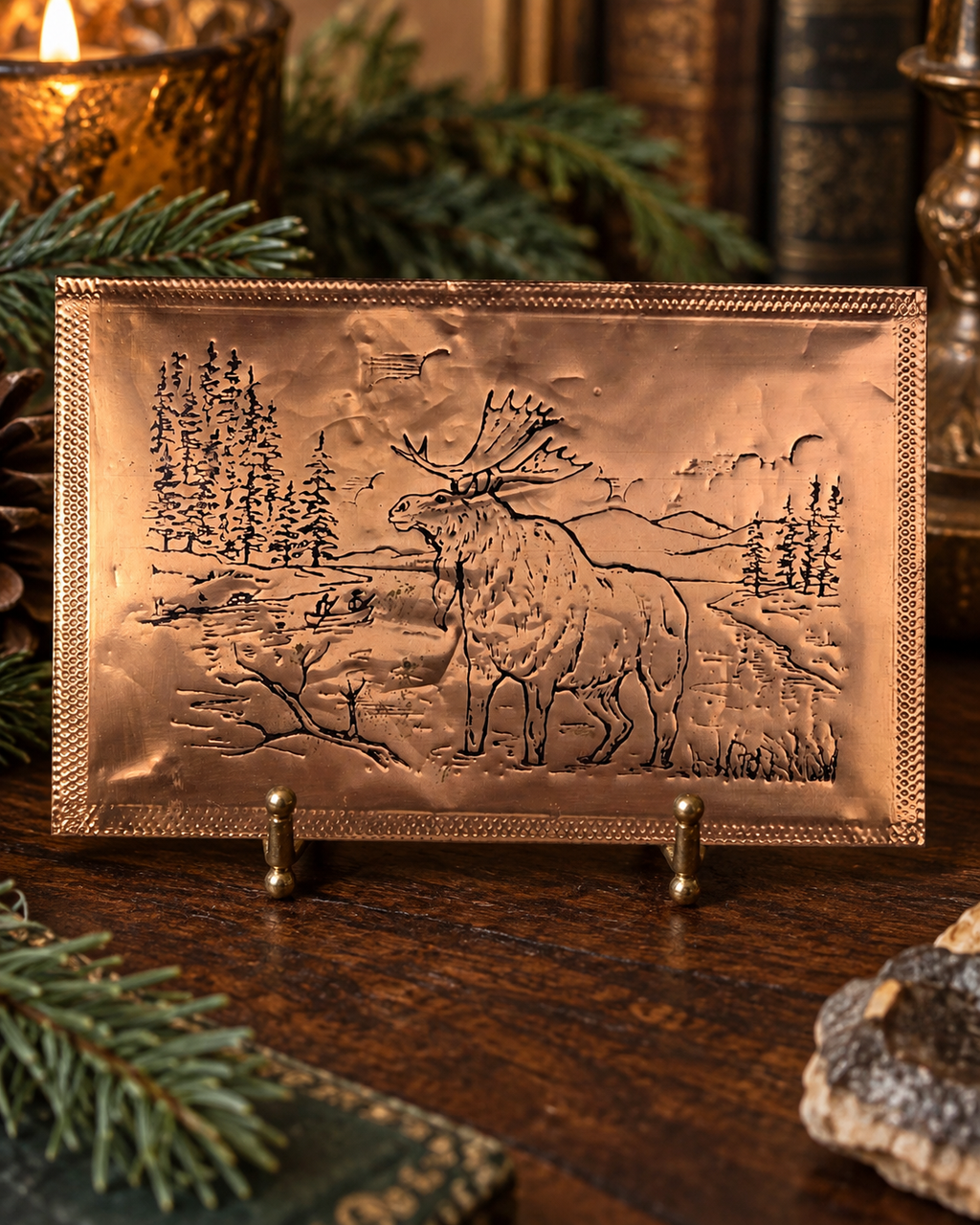 Gregorian Greetings Genuine Copper Elk Postcard with Bonus Vintage Patchwork Photo Album