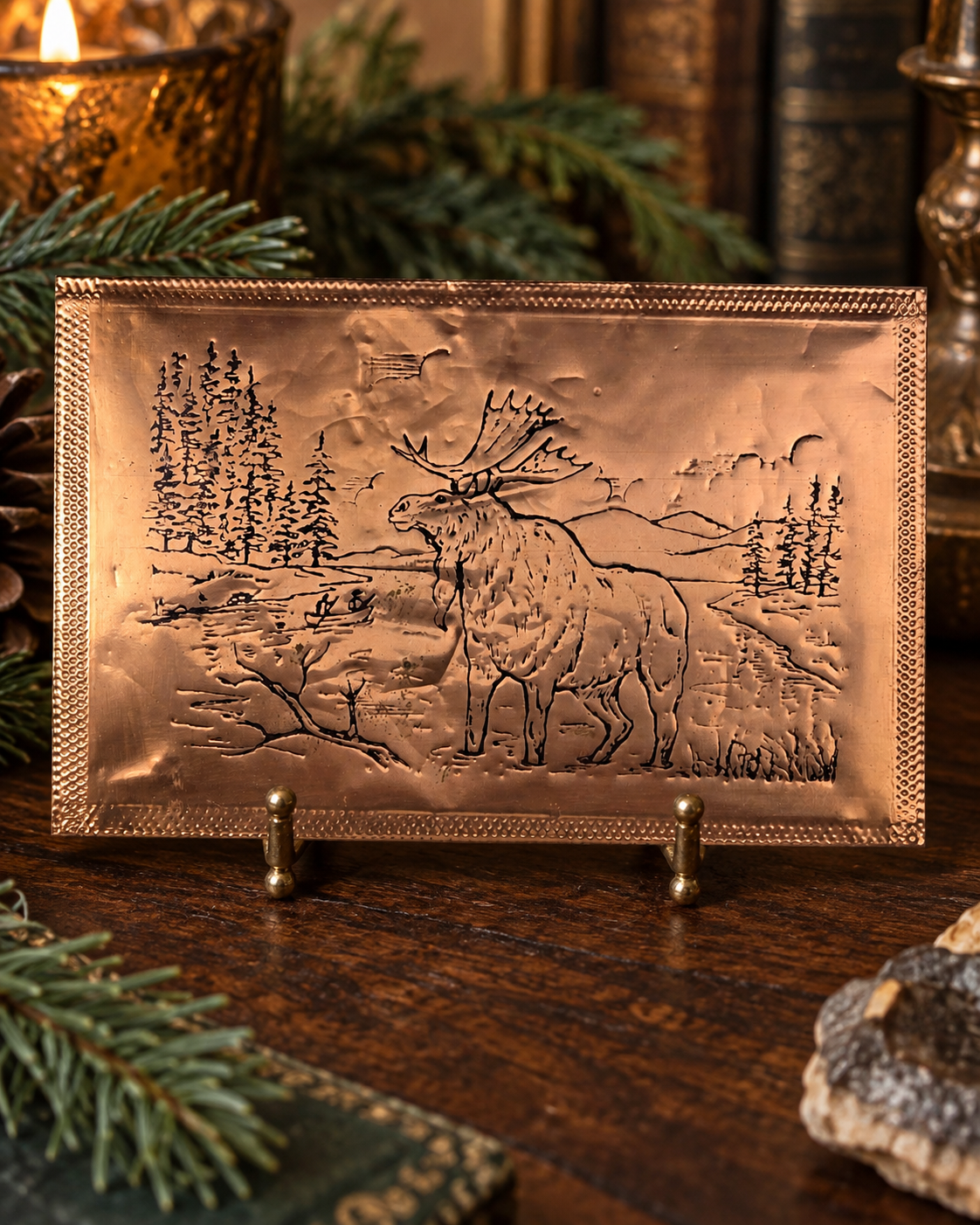 Gregorian Greetings Genuine Copper Elk Postcard with Bonus Vintage Patchwork Photo Album