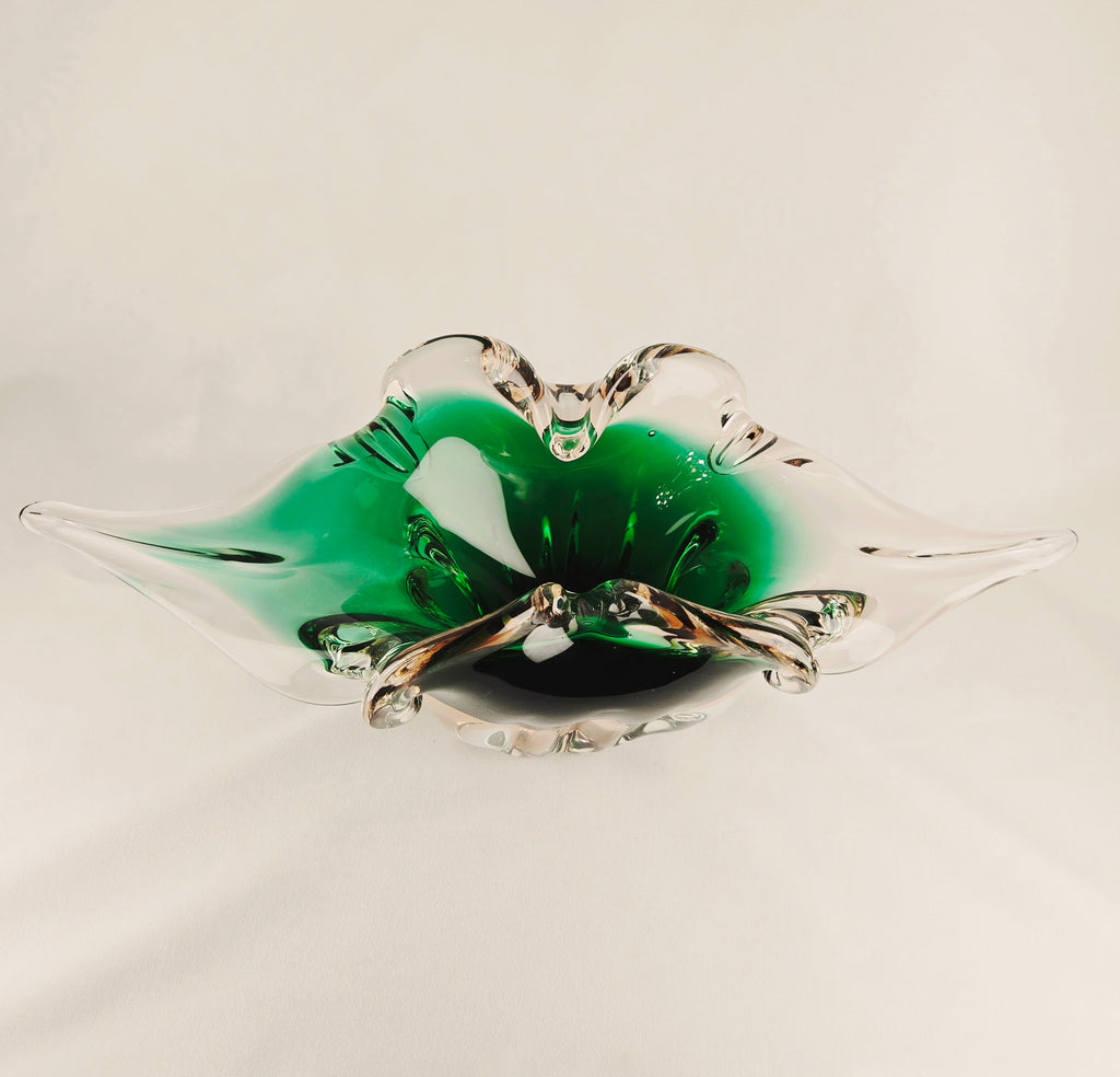 Large Sculptural Sommerso Art Glass Bowl – Emerald Green & Blush 12” Centerpiece