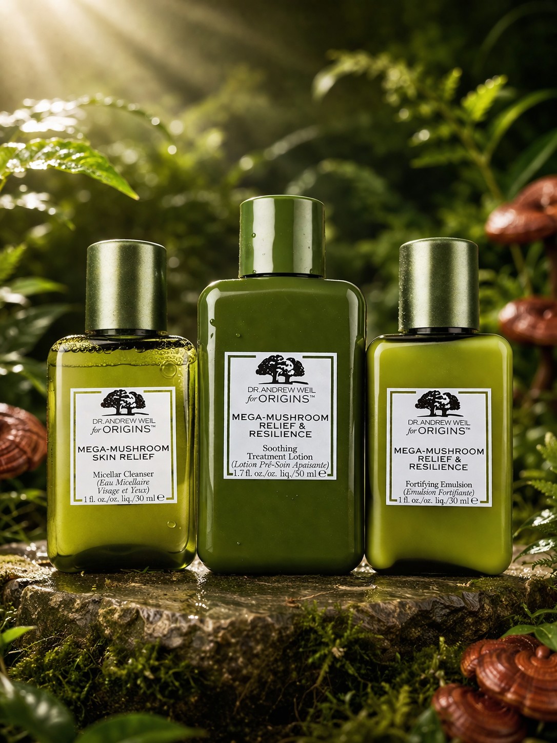 Origins Mega-Mushroom Relief & Resilience Skincare Trio Set – Dr. Andrew Weil Collection (Micellar Cleanser, Treatment Lotion, Fortifying Emulsion)