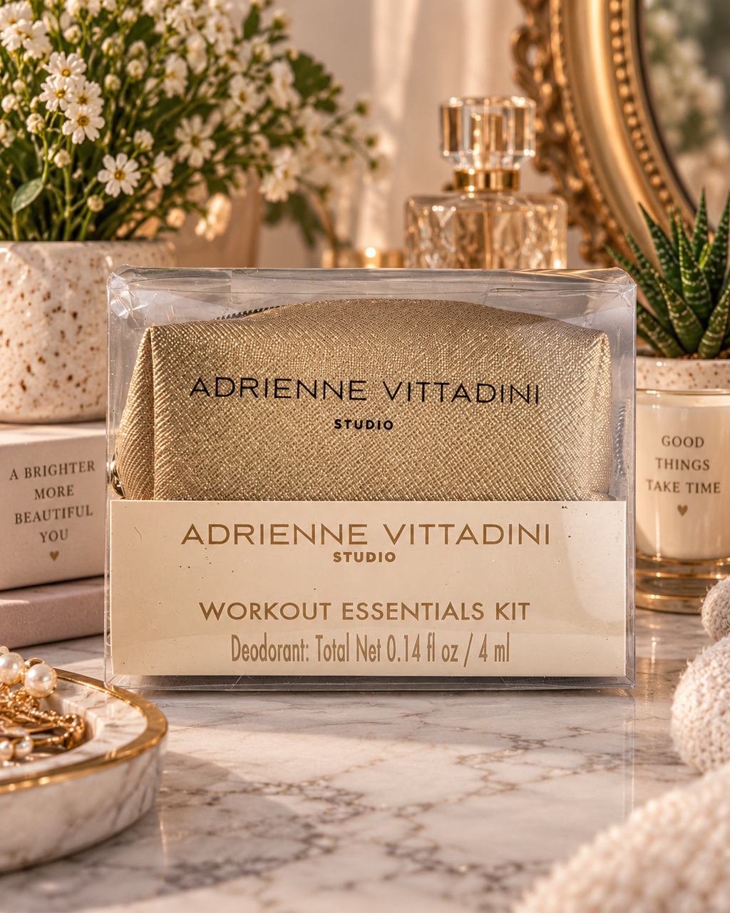 Adrienne Vittadini Studio Workout Essentials Kit Gold Travel Beauty Bag New Old Stock