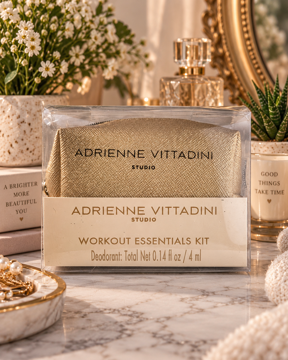 Adrienne Vittadini Studio Workout Essentials Kit Gold Travel Beauty Bag New Old Stock
