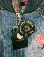 Y2K Akademiks Cropped Denim Bomber Jacket – Embroidered Buckle Detail Zip-Up