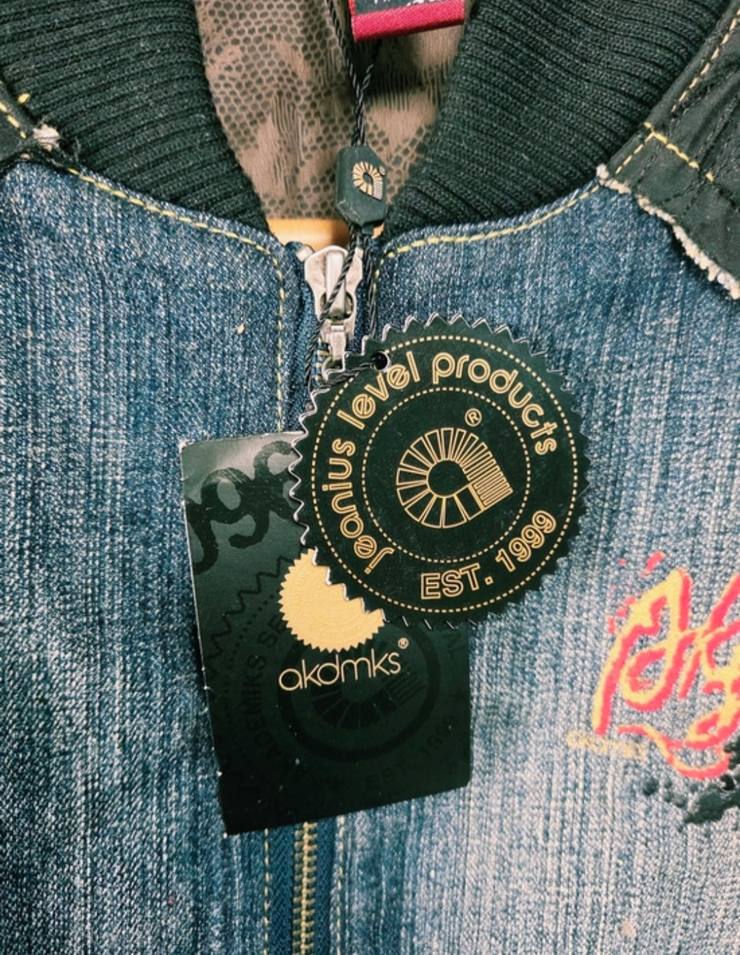 Y2K Akademiks Cropped Denim Bomber Jacket – Embroidered Buckle Detail Zip-Up