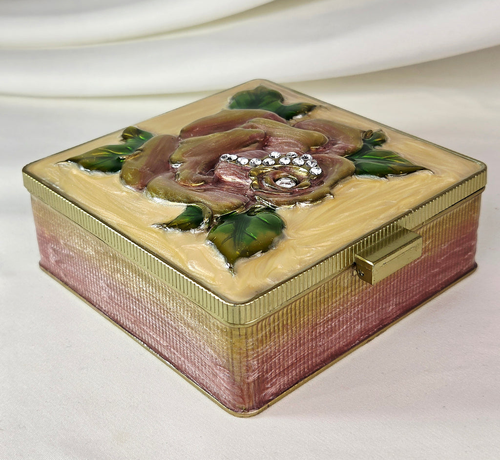 Ornate Floral Enamel Mirrored Jewelry Box Raised Rose Rhinestones Gold Tone Jay Strongwater Style 4"