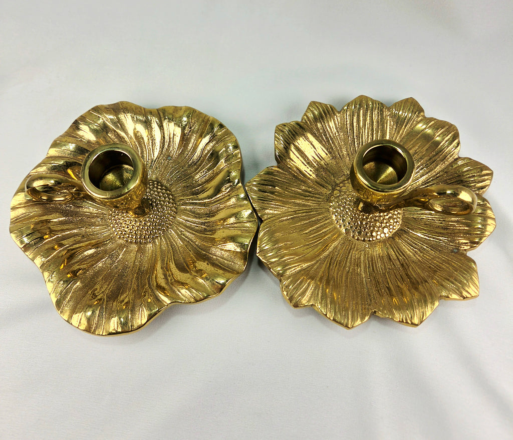 Vintage Heavy Cast Brass-Plated Floral Chamberstick Candle Holders Set of 2 | 6" Gold Tone Flower Candlesticks