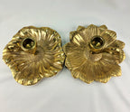 Vintage Heavy Cast Brass-Plated Floral Chamberstick Candle Holders Set of 2 | 6" Gold Tone Flower Candlesticks