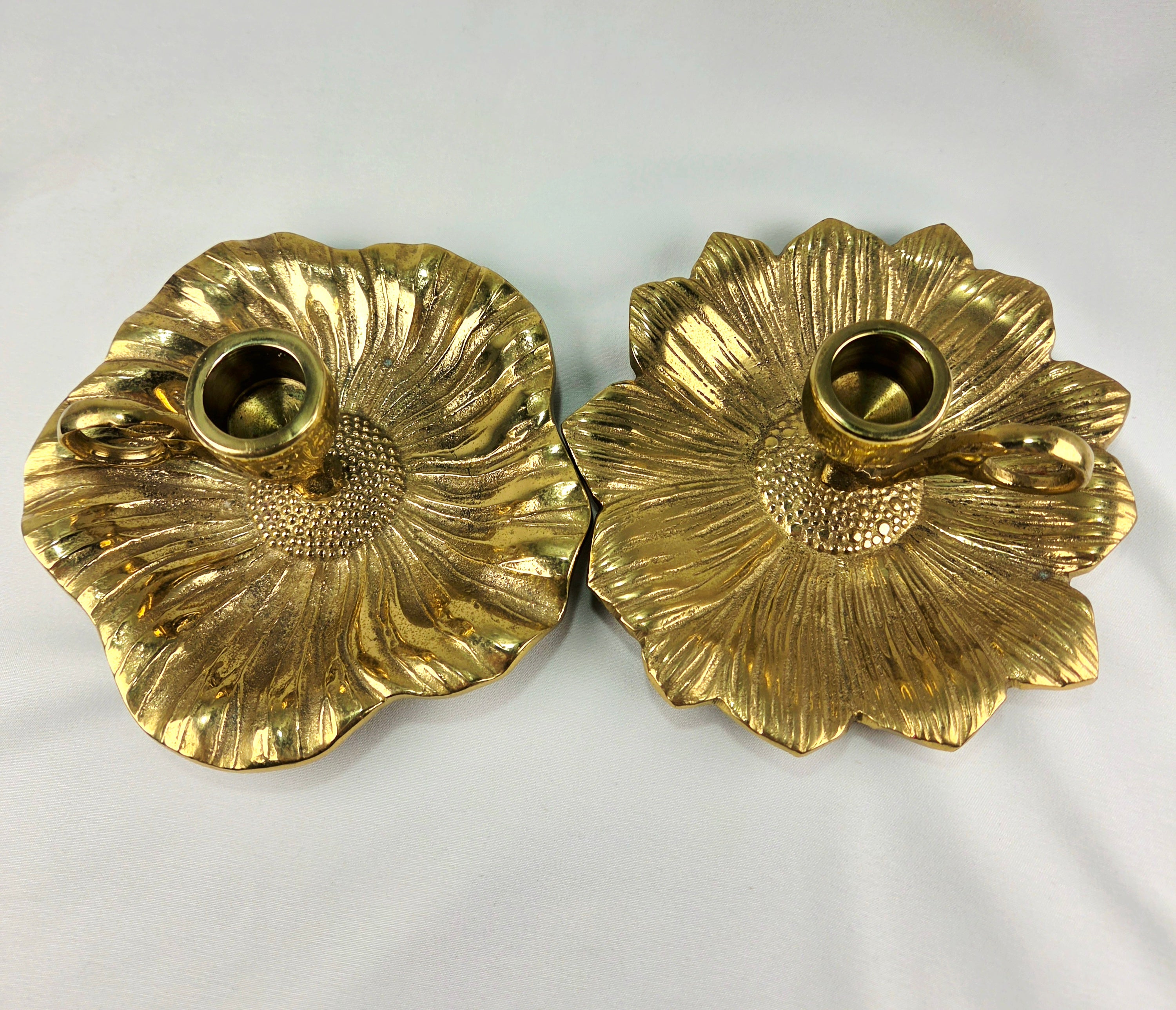 Vintage Heavy Cast Brass-Plated Floral Chamberstick Candle Holders Set of 2 | 6" Gold Tone Flower Candlesticks