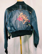 Y2K Akademiks Cropped Denim Bomber Jacket – Embroidered Buckle Detail Zip-Up