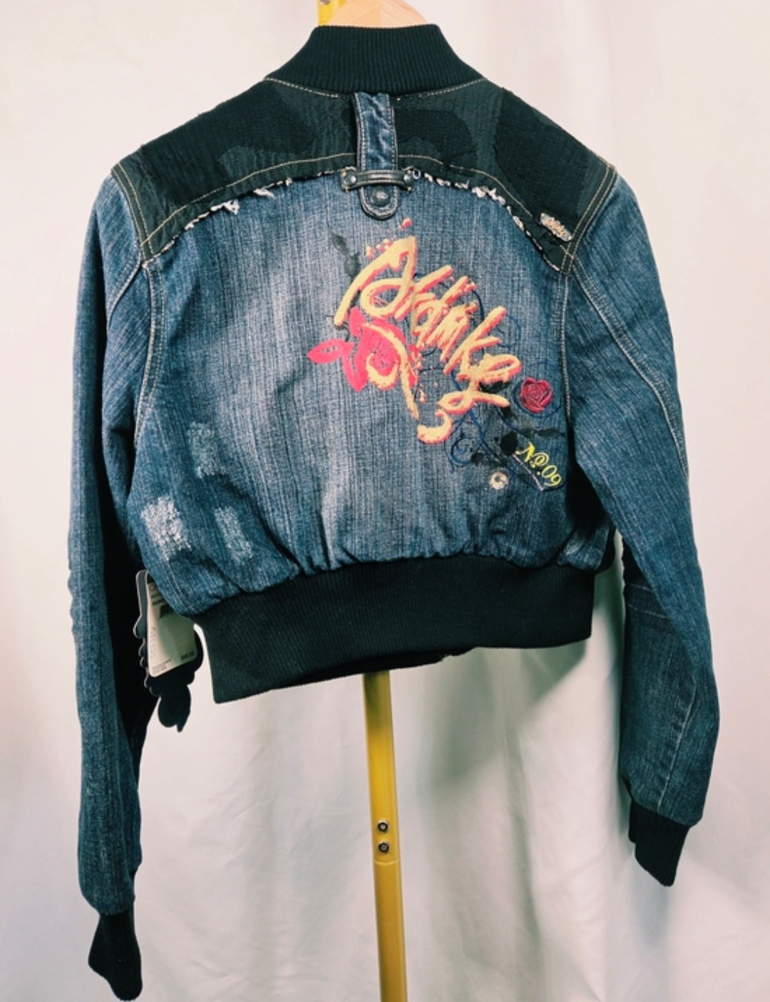 Y2K Akademiks Cropped Denim Bomber Jacket – Embroidered Buckle Detail Zip-Up
