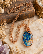 Shattuckite Azurite Stone Wire-Wrapped Pendant Necklace – Copper-Tone Chain – Blue Statement Jewelry