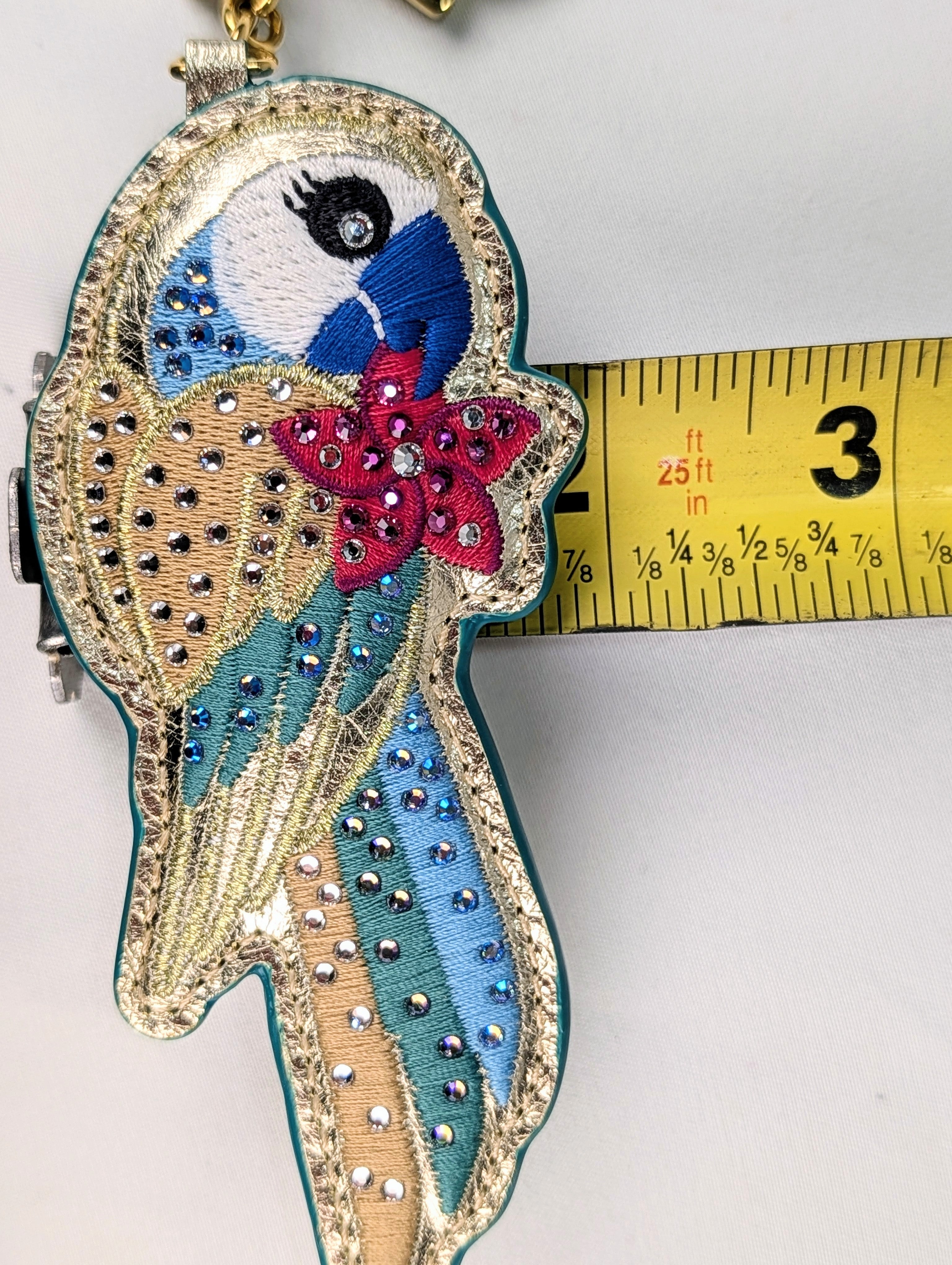 Rare Vintage Swarovski Crystal Tropical Parrot Leather Bag Charm Keychain Multicolor Bird Gold Tone NWT Style Collectible
