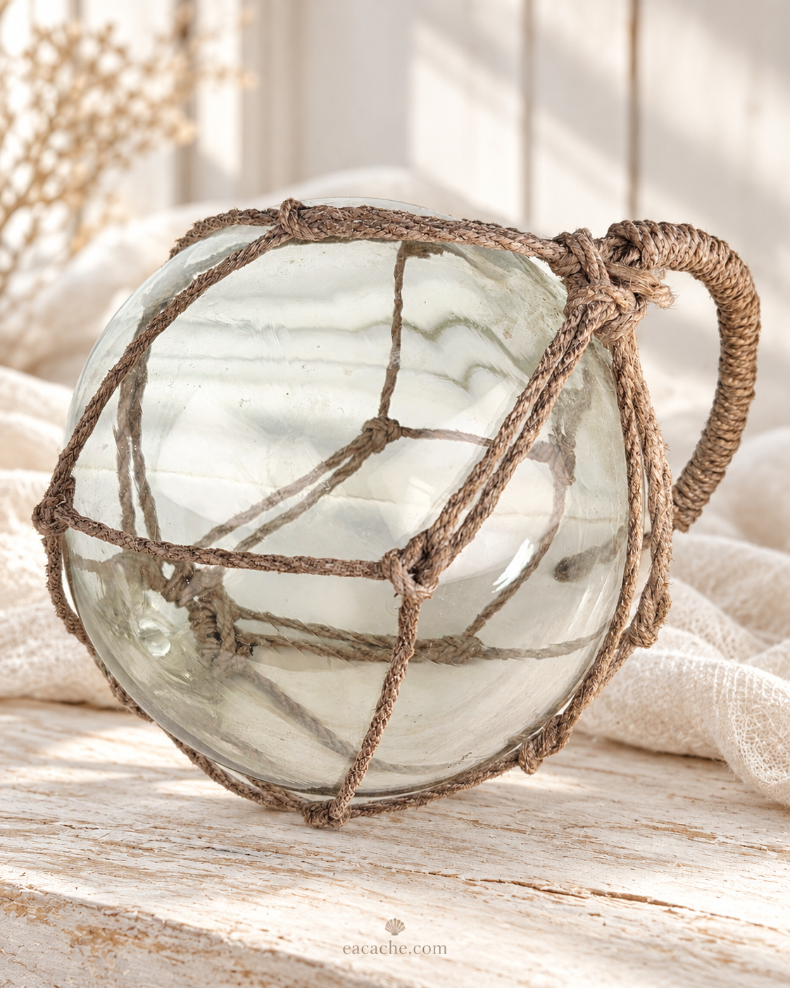 Vintage Clear Glass Fishing Float with Intricate Rope Netting – 7" Coastal Buoy with Internal "Sea-Mist" Patina Hand Blown
