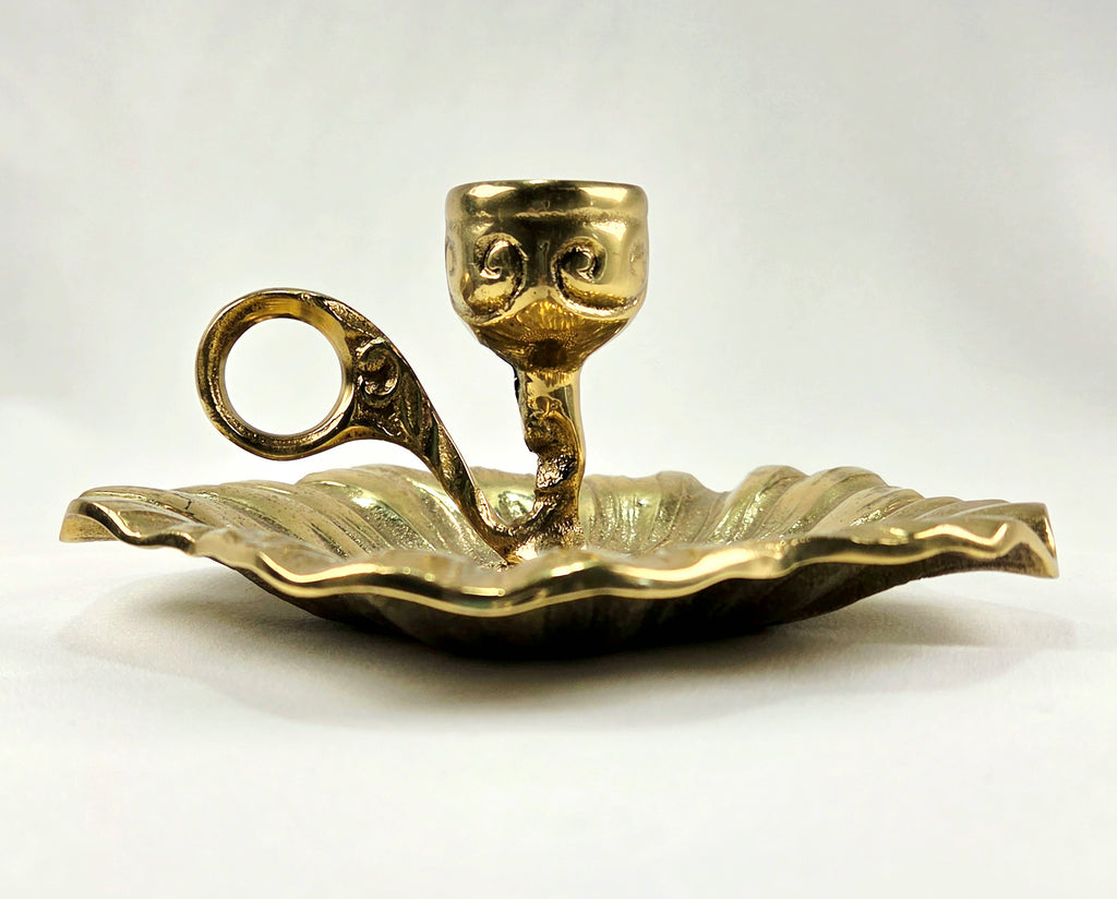 Vintage Heavy Cast Brass-Plated Floral Chamberstick Candle Holders Set of 2 | 6" Gold Tone Flower Candlesticks