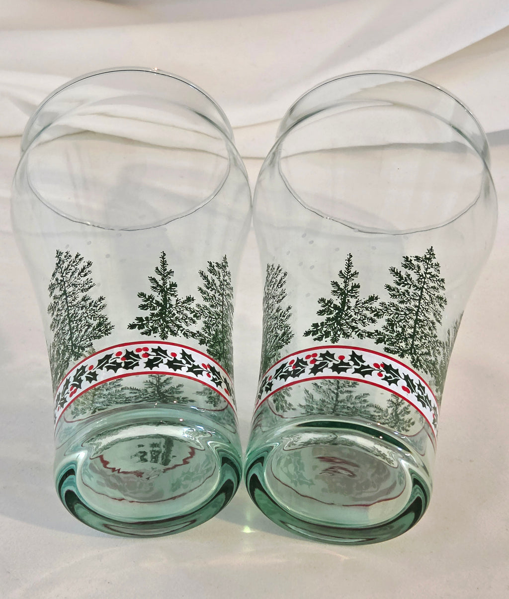 Vintage Coca-Cola Christmas Holiday Glasses Set of 2 Evergreen Tree Holly Green Base Tumblers
