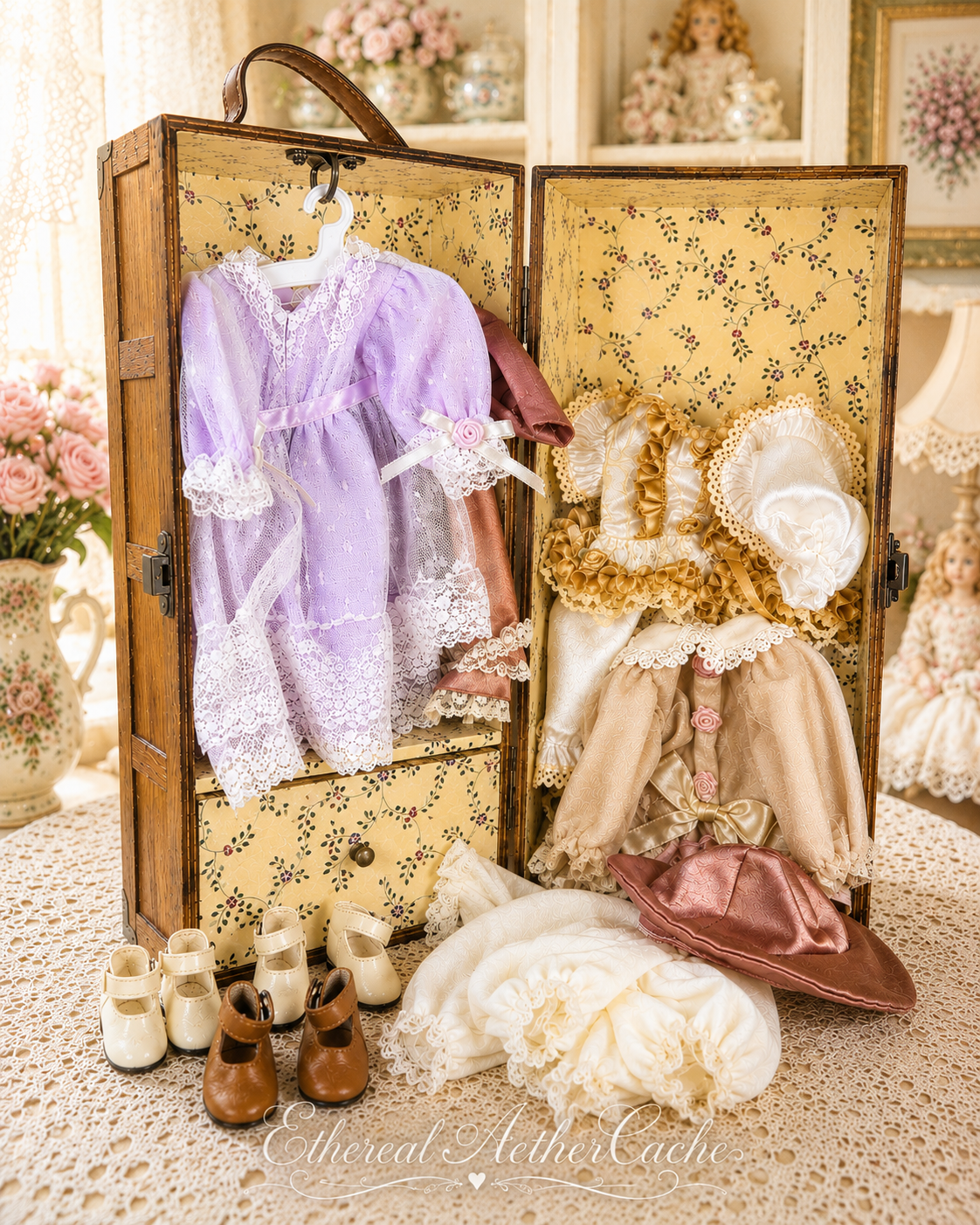 Vintage Doll Wooden Wardrobe Travel Trunk w/ Multiple Dresses, Shoes & Accessories Set - Possibly Trudy Travels