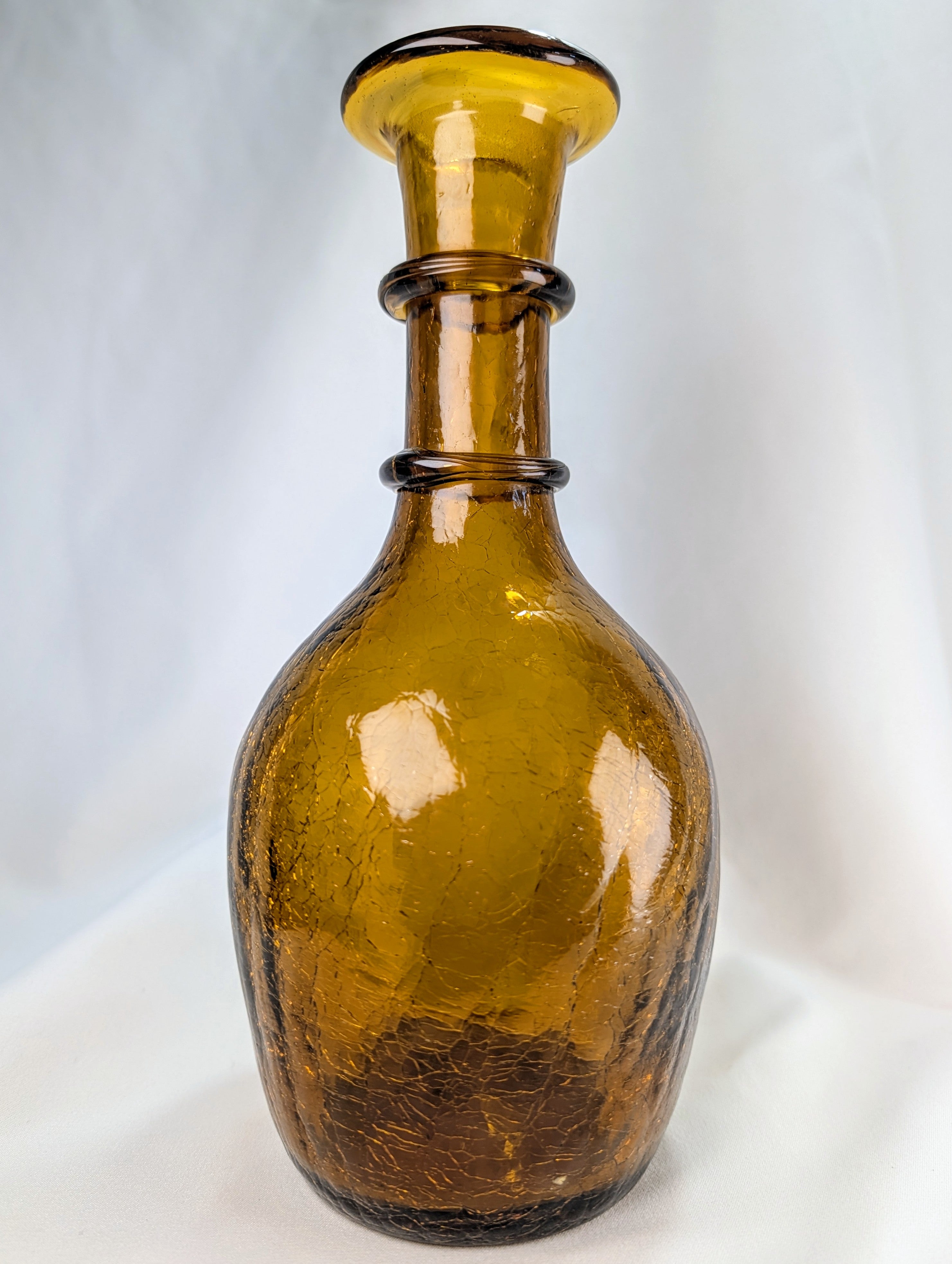 Mid Century Amber Genie Bottle Barware with Flame Stopper Art Glass Display